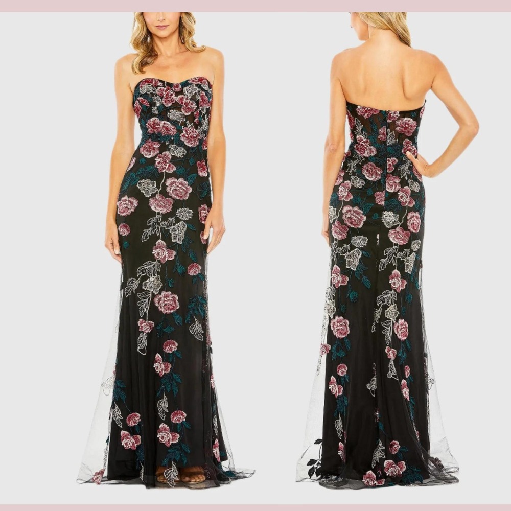 NWT $898 Mac Duggal [ 2 ] 20581 Strapless Floral Embroidered Gown Black #J2449